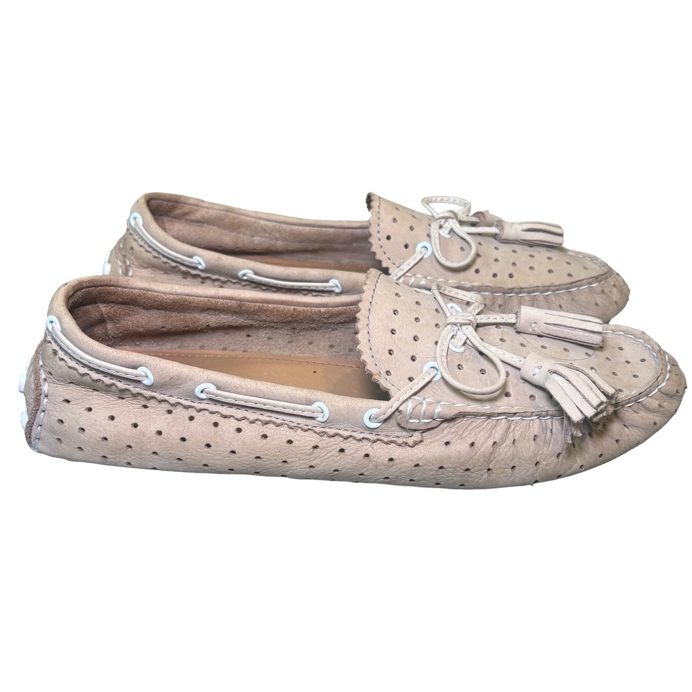 Coach Womens Beige Perforated Leather‎ Driving Loafers Tassel Moccasins Shoes